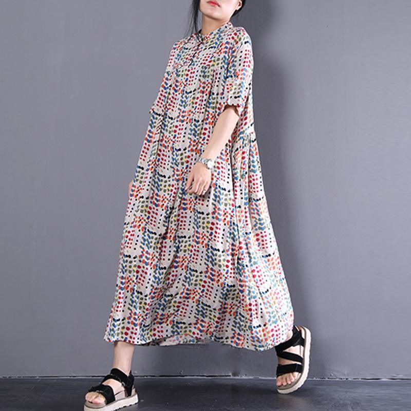 baggy long cotton dress plus size Long Leisure Loose Short Sleeve Dots Summer Dress - Omychic