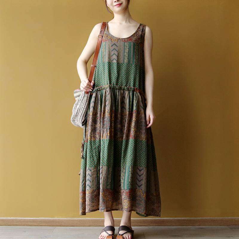 baggy long cotton dress stylish Ethnic Casual Summer Long Retro Round Neck Sleeveless Dress - Omychic