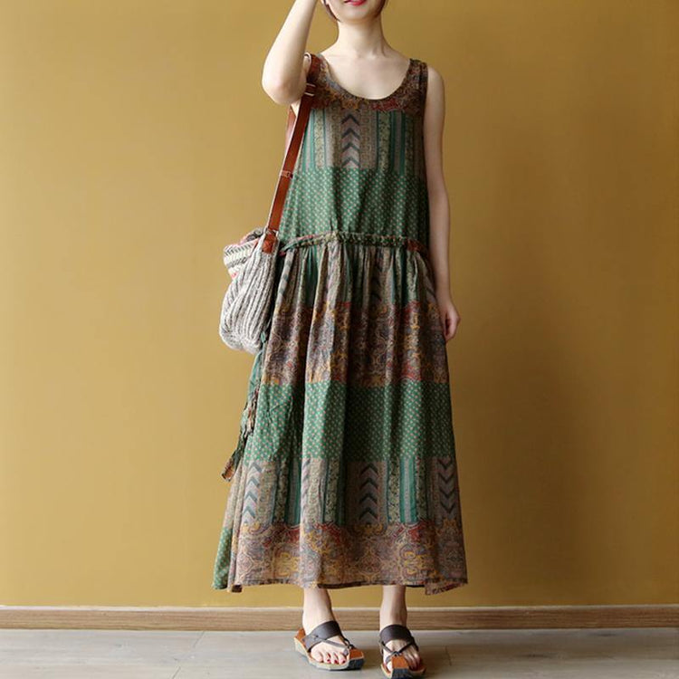 baggy long cotton dress stylish Ethnic Casual Summer Long Retro Round Neck Sleeveless Dress - Omychic