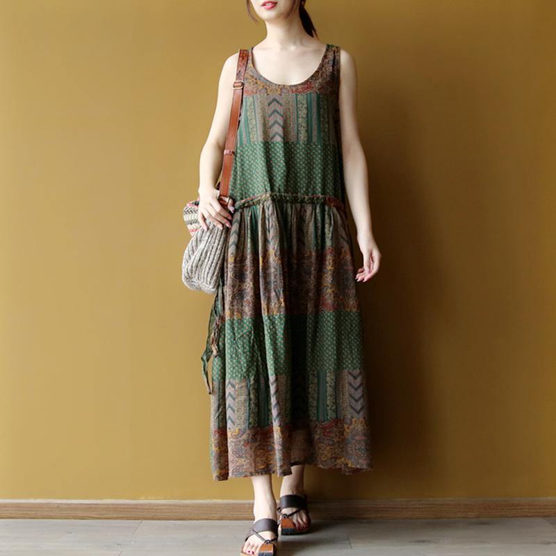 baggy long cotton dress stylish Ethnic Casual Summer Long Retro Round Neck Sleeveless Dress - Omychic