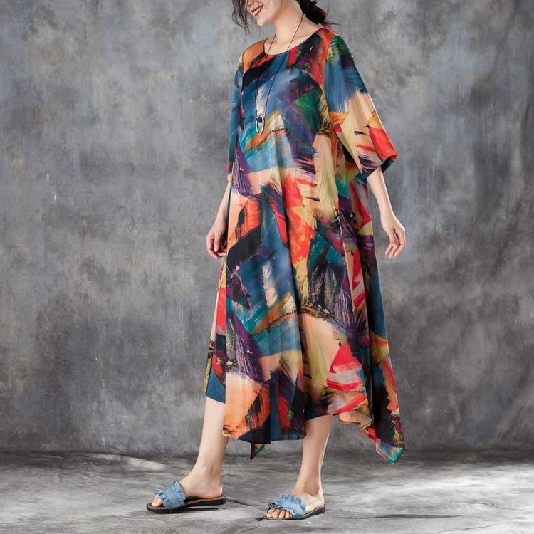 baggy natural silk blended dress plus size Women Comfortable Silk Summer Printing Dress with Pockets - Omychic