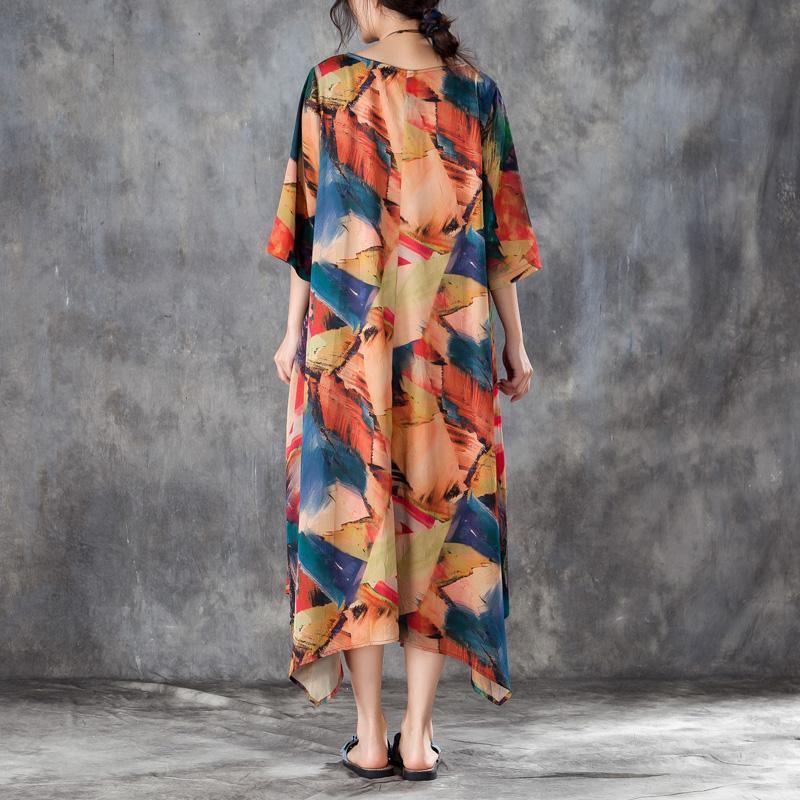 baggy natural silk blended dress plus size Women Comfortable Silk Summer Printing Dress with Pockets - Omychic