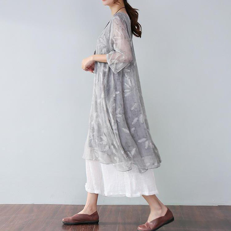 Baggy Natural Chiffon Dress Oversize Stylish Printing Lining Elbow Sleeves Gray Dress - Omychic