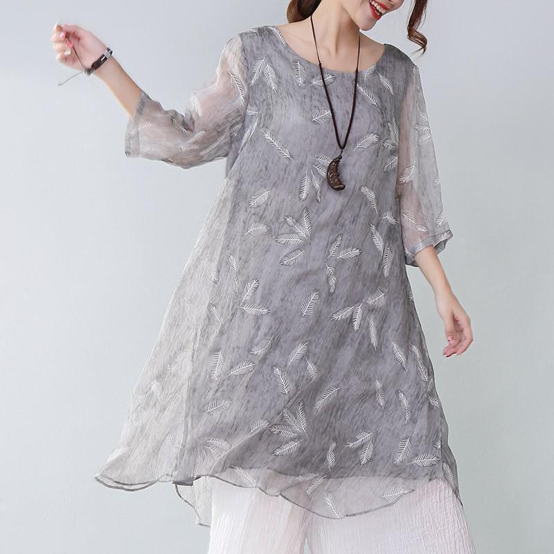 Baggy Natural Chiffon Dress Oversize Stylish Printing Lining Elbow Sleeves Gray Dress - Omychic