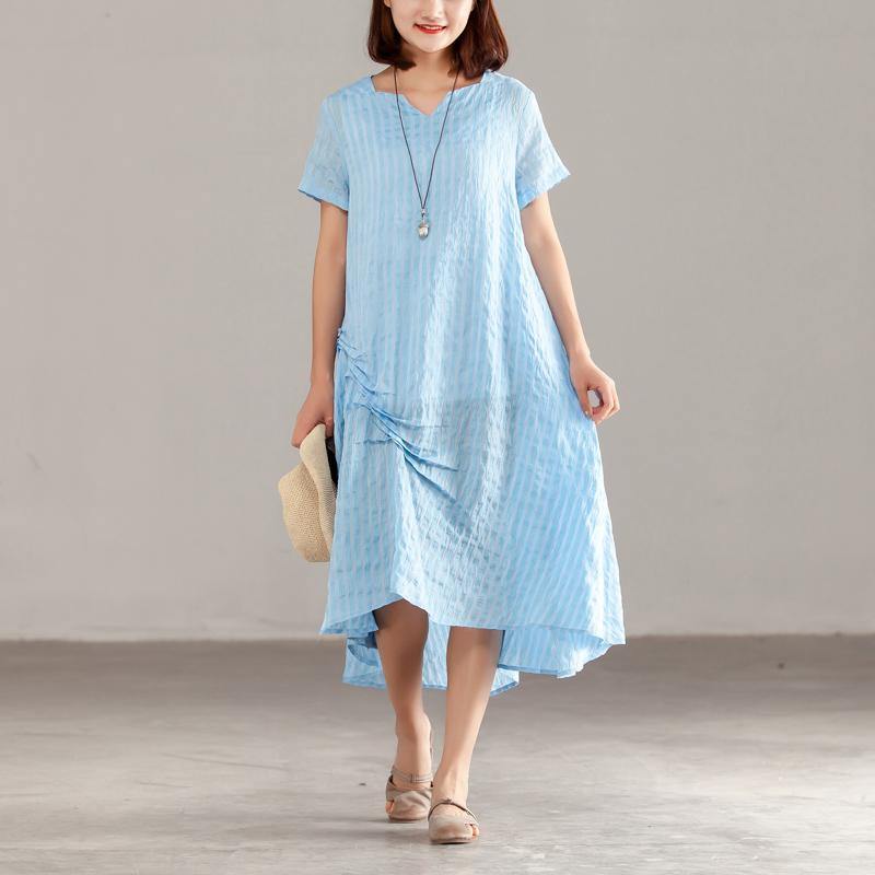 baggy natural silk linen dress plus size clothing Women Blue Short Sleeve Summer Casual Dress - Omychic