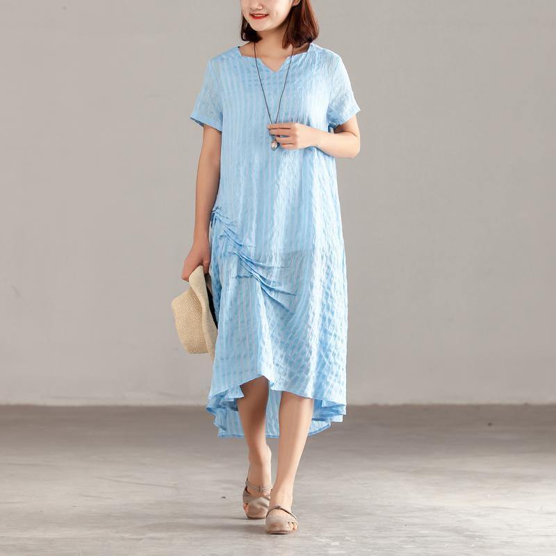 baggy natural silk linen dress plus size clothing Women Blue Short Sleeve Summer Casual Dress - Omychic