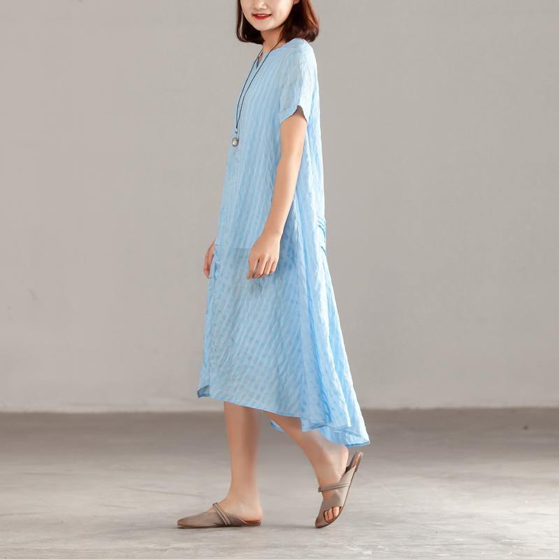 baggy natural silk linen dress plus size clothing Women Blue Short Sleeve Summer Casual Dress - Omychic