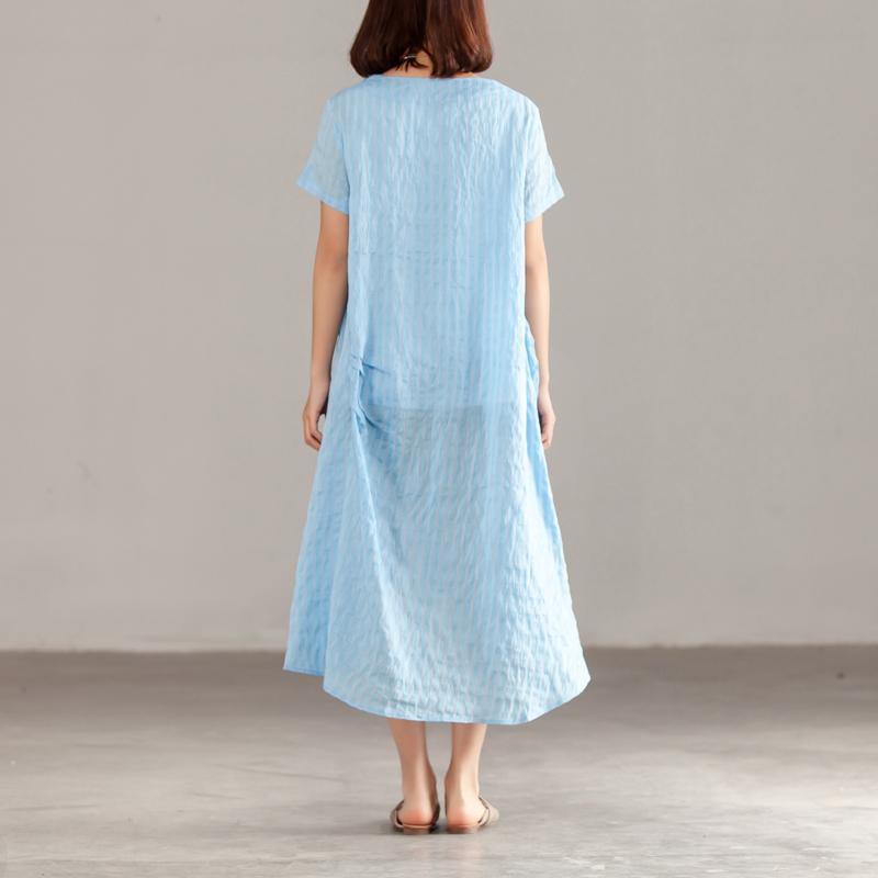 baggy natural silk linen dress plus size clothing Women Blue Short Sleeve Summer Casual Dress - Omychic