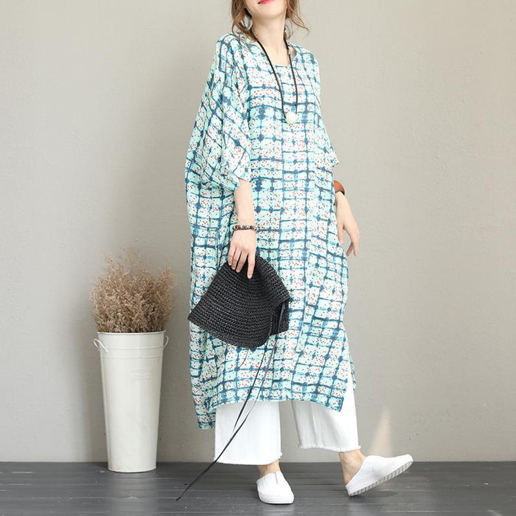 baggy print long linen dress Loose fitting o neck linen clothing dresses Fine Batwing Sleeve side open gown - Omychic
