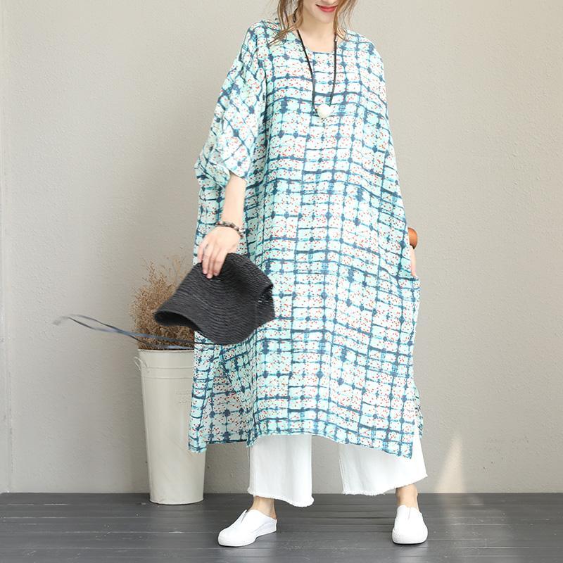 baggy print long linen dress Loose fitting o neck linen clothing dresses Fine Batwing Sleeve side open gown - Omychic