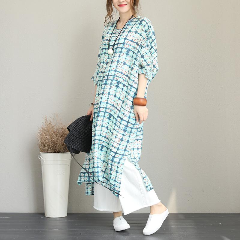 baggy print long linen dress Loose fitting o neck linen clothing dresses Fine Batwing Sleeve side open gown - Omychic