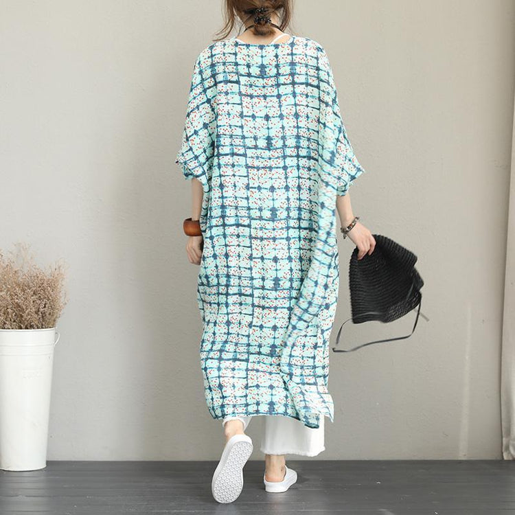 baggy print long linen dress Loose fitting o neck linen clothing dresses Fine Batwing Sleeve side open gown - Omychic