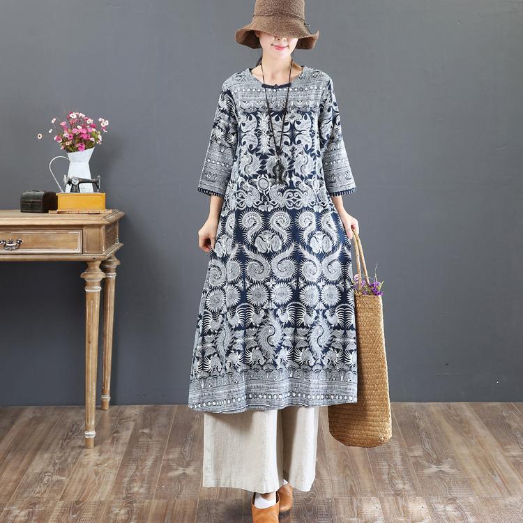 baggy prints long linen dress Loose fitting o neck linen gown top quality maxi dresses - Omychic