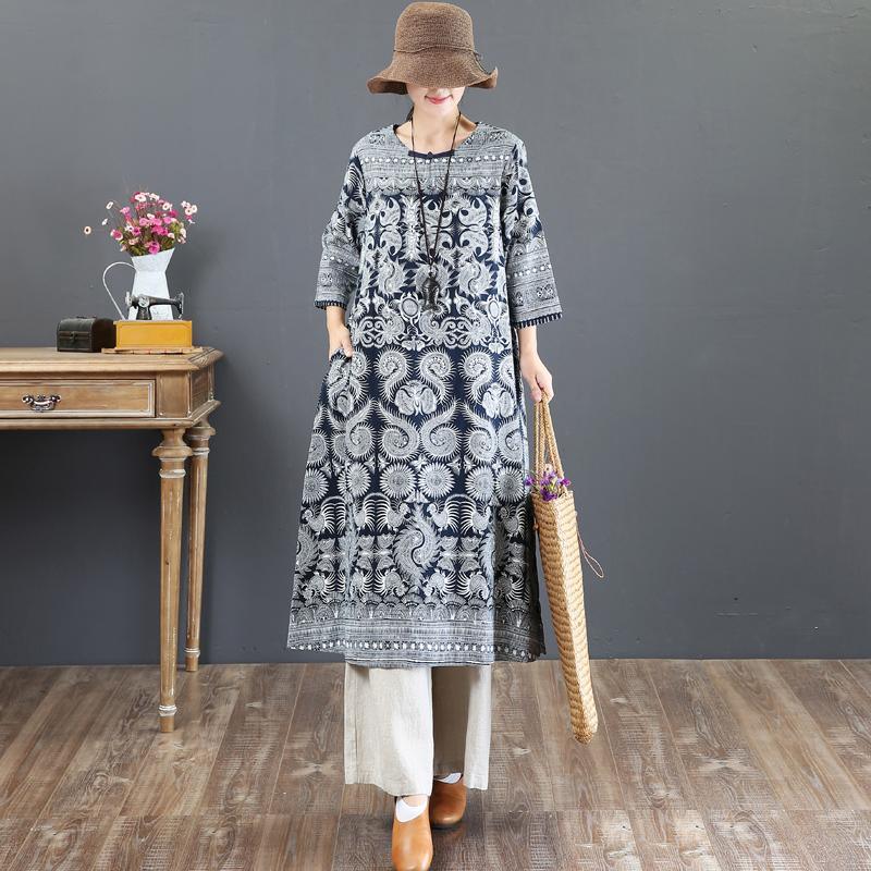 baggy prints long linen dress Loose fitting o neck linen gown top quality maxi dresses - Omychic