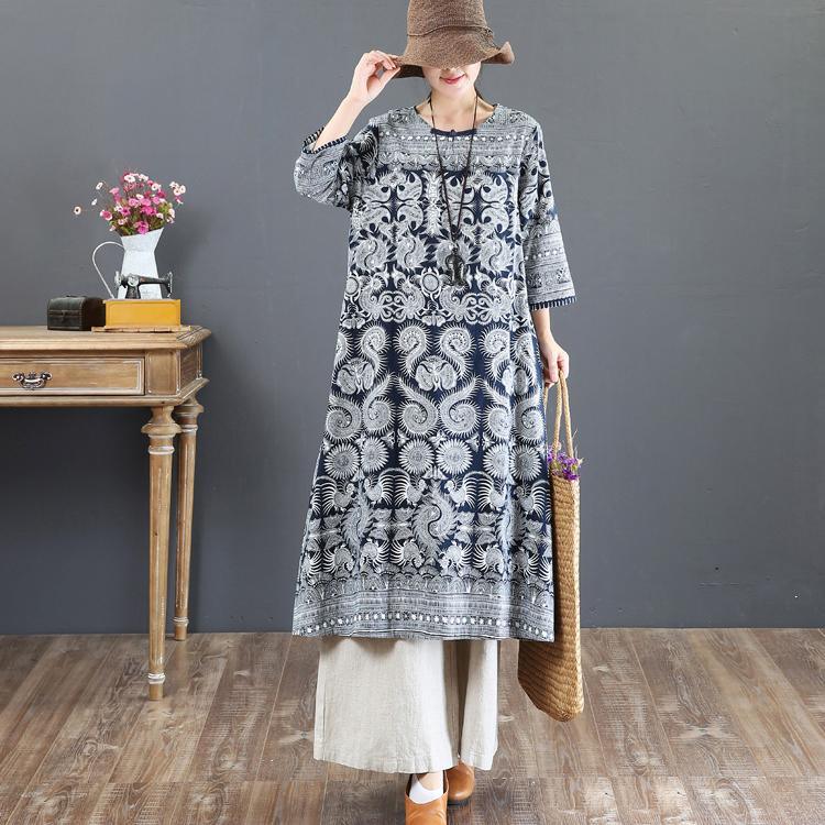 baggy prints long linen dress Loose fitting o neck linen gown top quality maxi dresses - Omychic