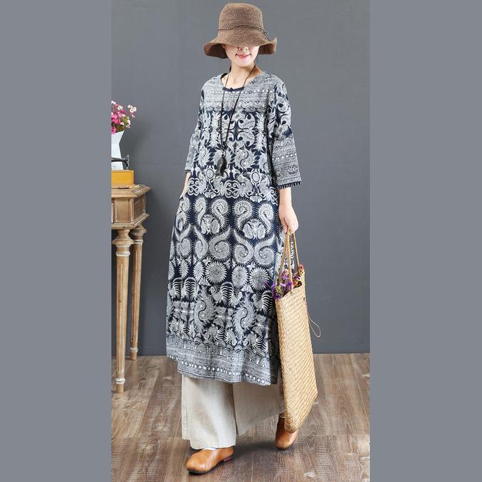 baggy prints long linen dress Loose fitting o neck linen gown top quality maxi dresses - Omychic