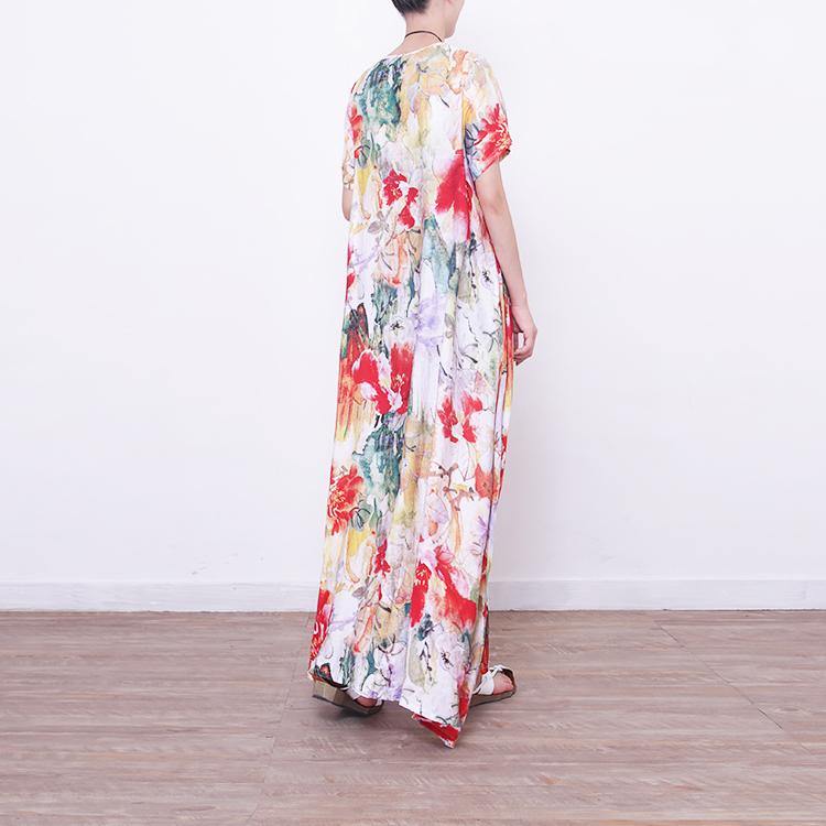 baggy prints long linen dresses oversized o neck linen gown boutique Chinese Button caftans - Omychic