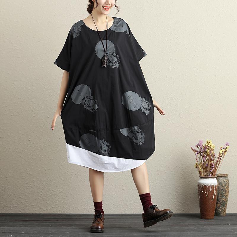 baggy pure cotton blended dresses plus size clothing Fashion Printing Splicing Short Sleeves Black Women Dress - Omychic