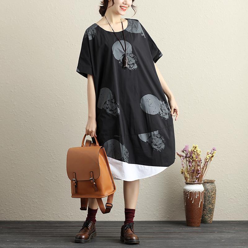 baggy pure cotton blended dresses plus size clothing Fashion Printing Splicing Short Sleeves Black Women Dress - Omychic