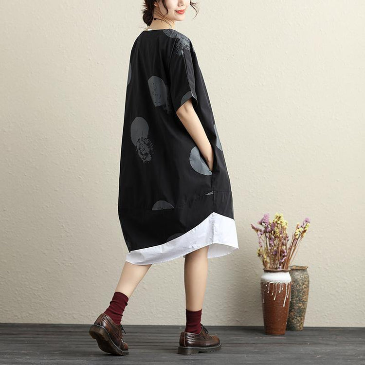 baggy pure cotton blended dresses plus size clothing Fashion Printing Splicing Short Sleeves Black Women Dress - Omychic