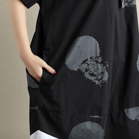 baggy pure cotton blended dresses plus size clothing Fashion Printing Splicing Short Sleeves Black Women Dress - Omychic