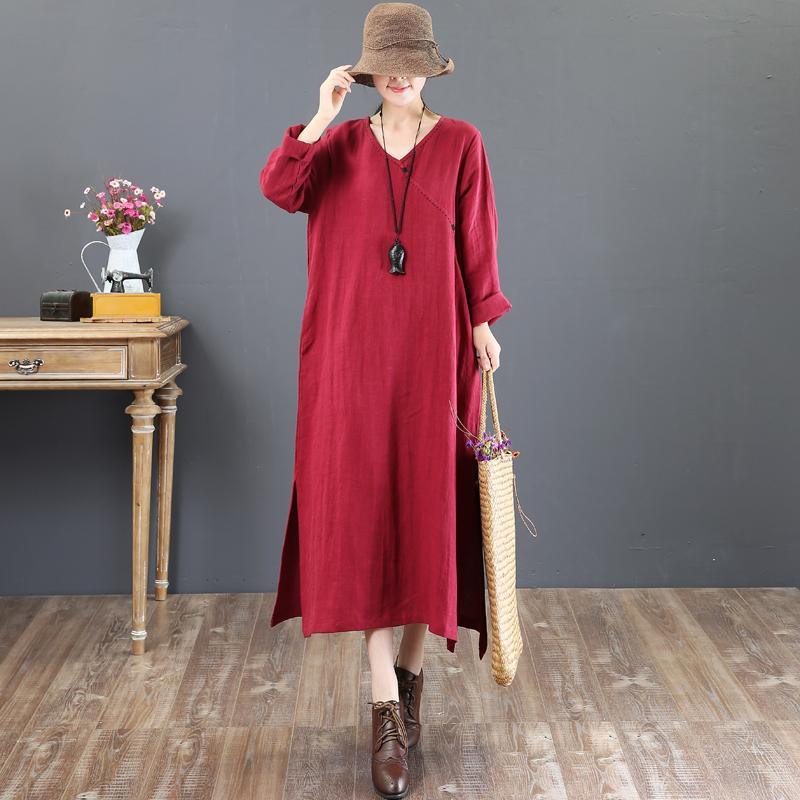 baggy red  natural linen dress  plussize linen maxi dress side open women v neck natural linen dress - Omychic