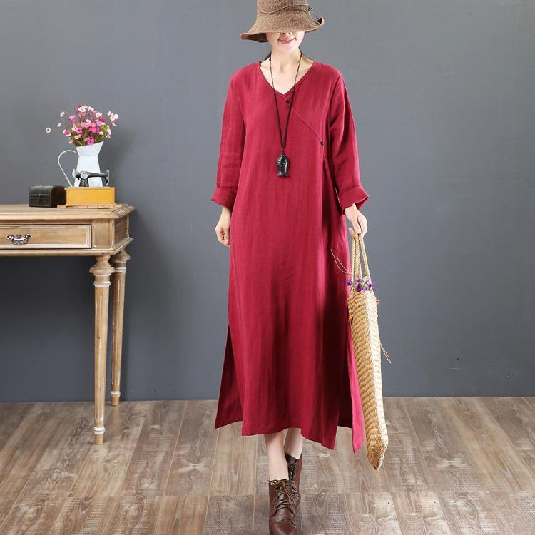 baggy red  natural linen dress  plussize linen maxi dress side open women v neck natural linen dress - Omychic