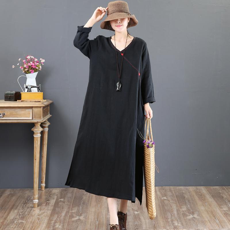 baggy red  natural linen dress  plussize linen maxi dress side open women v neck natural linen dress - Omychic