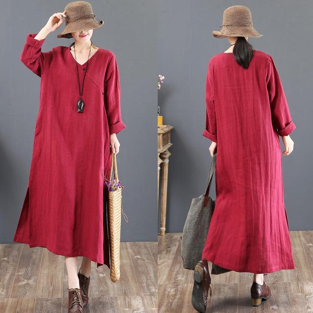 baggy red  natural linen dress  plussize linen maxi dress side open women v neck natural linen dress - Omychic