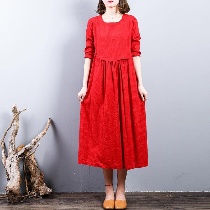 baggy red 2018 fall dress plus size clothing linen maxi dress o neck patchwork autumn dress - Omychic