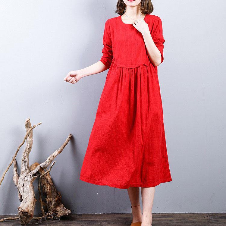 baggy red 2018 fall dress plus size clothing linen maxi dress o neck patchwork autumn dress - Omychic