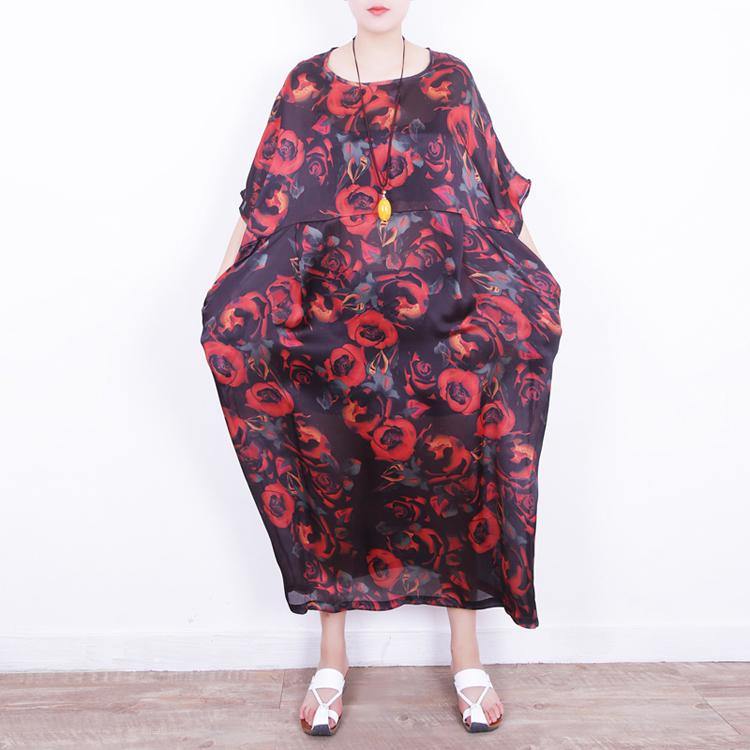 baggy red floral silk dresses Loose fitting patchwork chiffon traveling dress Fine o neck gown - Omychic