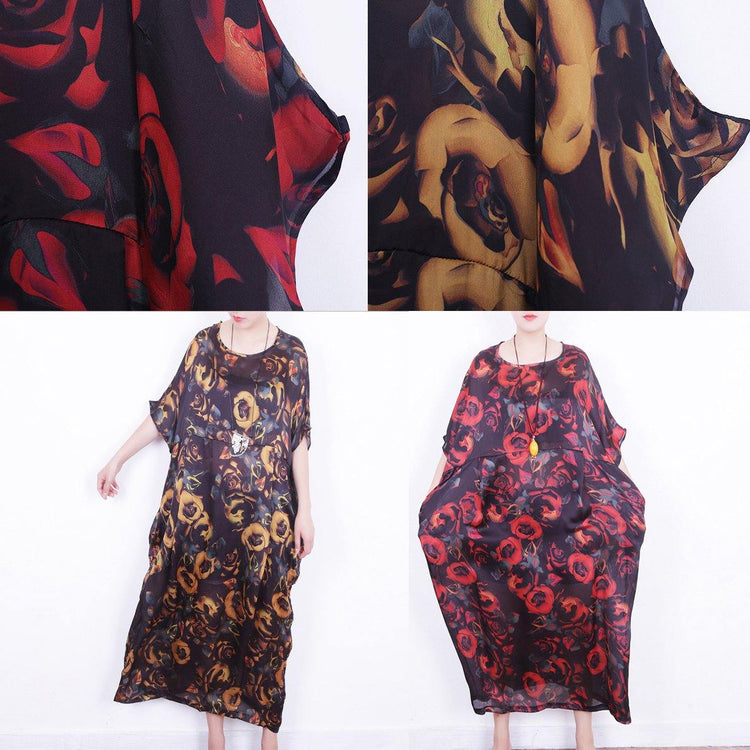 baggy red floral silk dresses Loose fitting patchwork chiffon traveling dress Fine o neck gown - Omychic