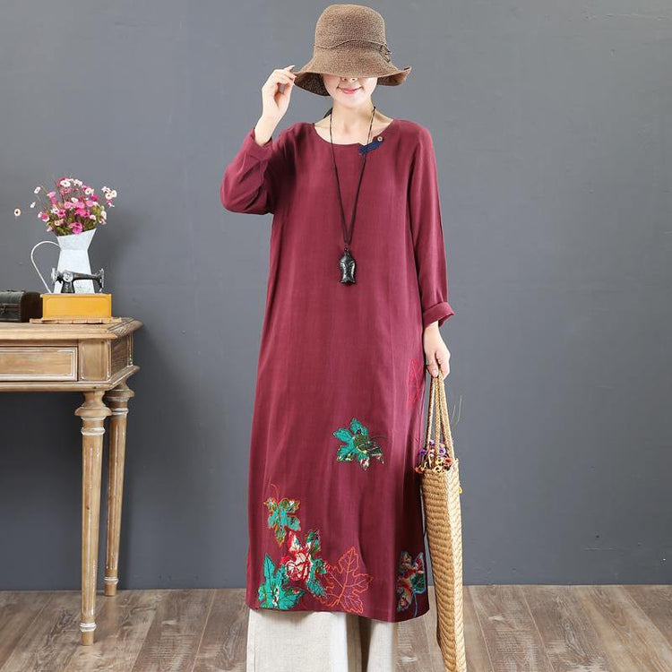 baggy red prints pure linen dress Loose fitting traveling dress embroidery boutique o neck cotton dress - Omychic