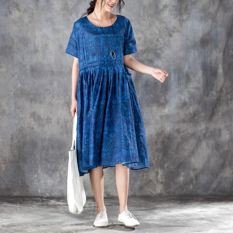 baggy silk linen summer dress oversize Women Pleated Short Sleeves Dress Blue Summer Skirt - Omychic