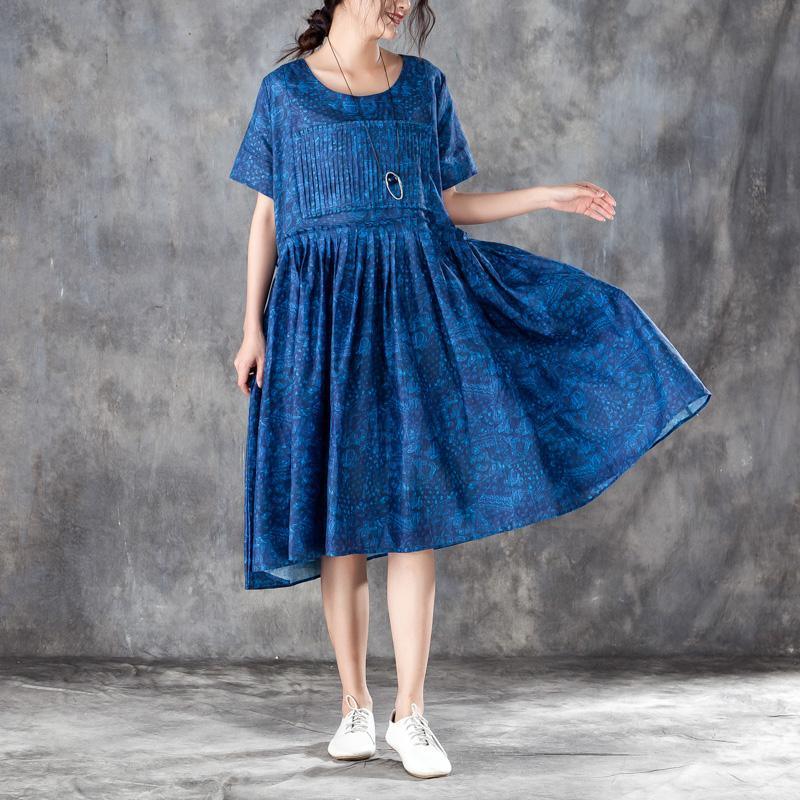 baggy silk linen summer dress oversize Women Pleated Short Sleeves Dress Blue Summer Skirt - Omychic