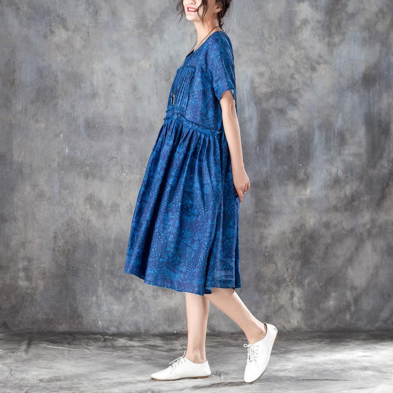 baggy silk linen summer dress oversize Women Pleated Short Sleeves Dress Blue Summer Skirt - Omychic