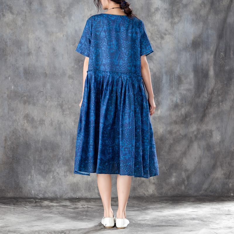 baggy silk linen summer dress oversize Women Pleated Short Sleeves Dress Blue Summer Skirt - Omychic