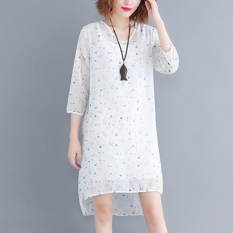 baggy white floral chiffon dresses oversized chiffon dress boutique Three Quarter sleeve side open O neck natural chiffon dress - Omychic