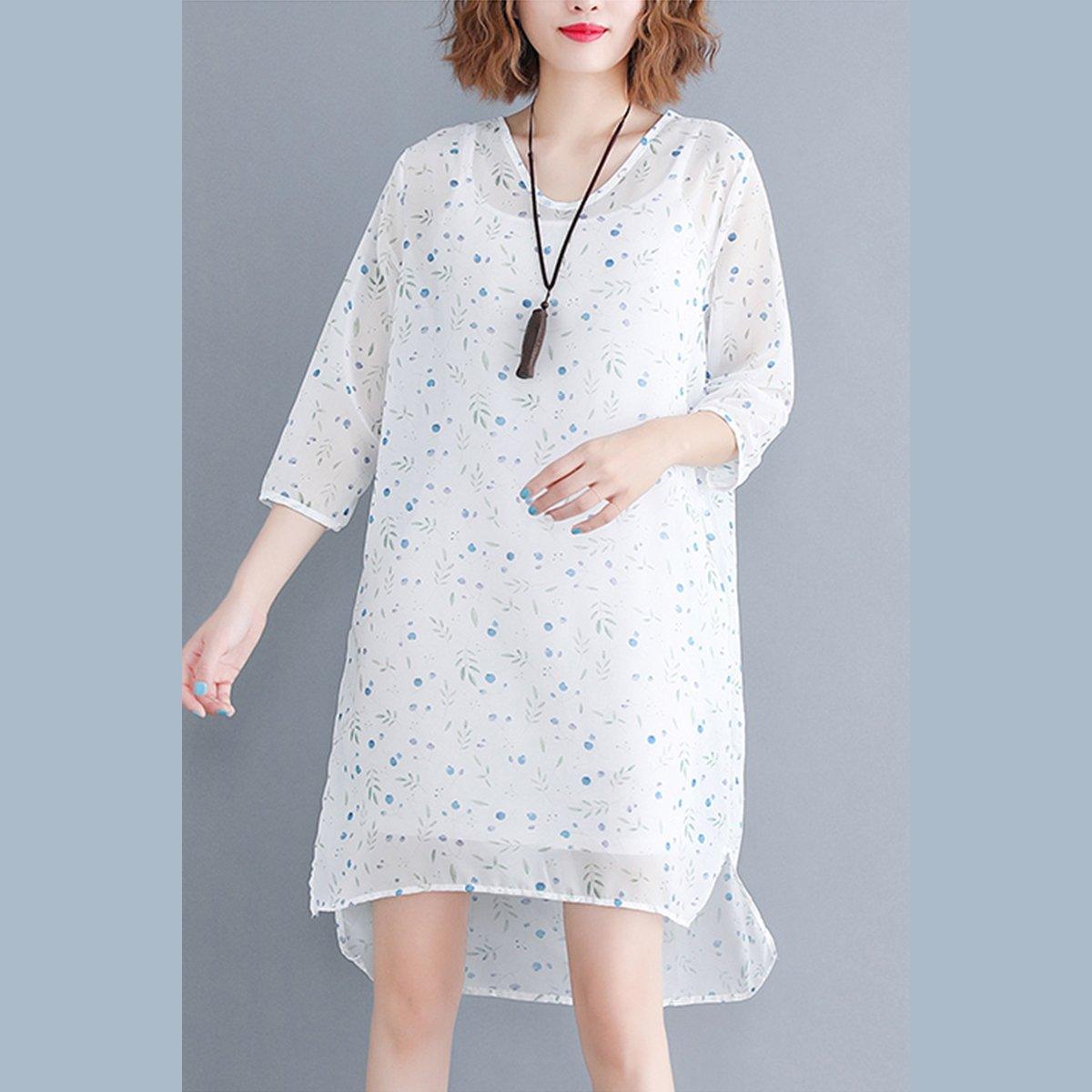 baggy white floral chiffon dresses oversized chiffon dress boutique Three Quarter sleeve side open O neck natural chiffon dress - Omychic