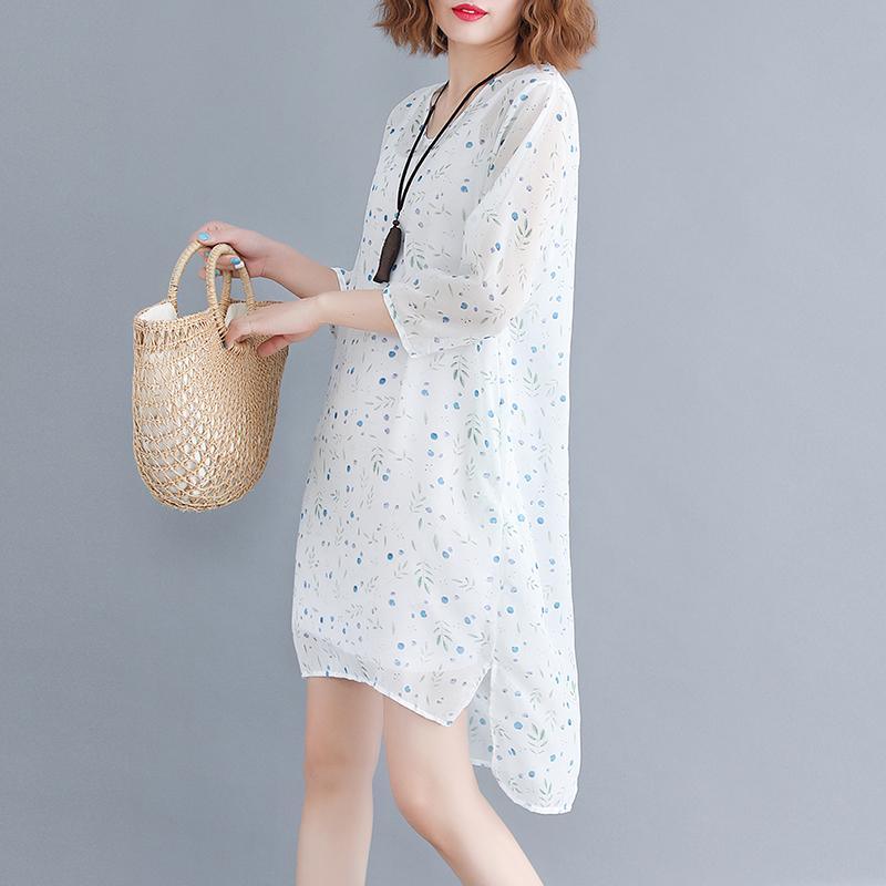 baggy white floral chiffon dresses oversized chiffon dress boutique Three Quarter sleeve side open O neck natural chiffon dress - Omychic