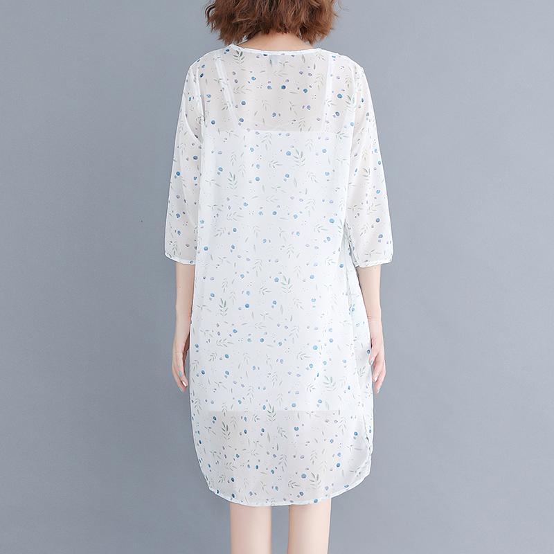 baggy white floral chiffon dresses oversized chiffon dress boutique Three Quarter sleeve side open O neck natural chiffon dress - Omychic