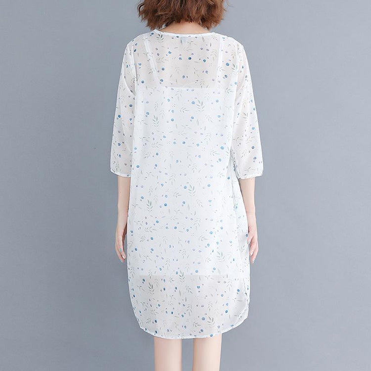 baggy white floral chiffon dresses oversized chiffon dress boutique Three Quarter sleeve side open O neck natural chiffon dress - Omychic