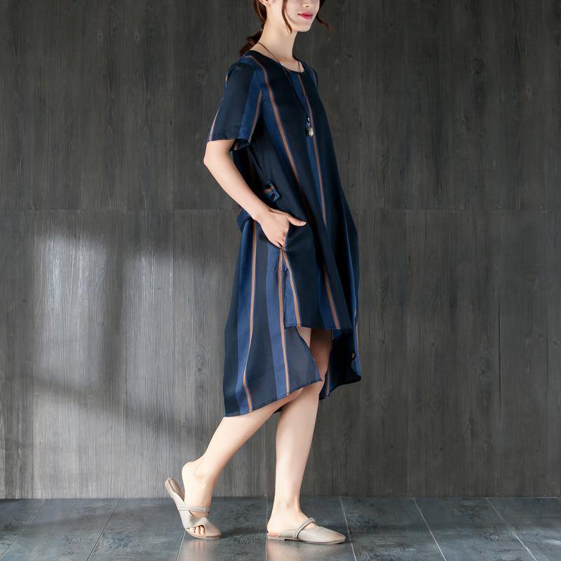 baggy Midi cotton dresses trendy plus size Navy Blue Stripe Women Dress with Ribbon Pocket - Omychic