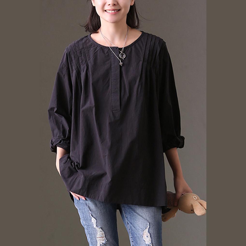 baggy black cotton tops plus size cotton clothing blouses Fine wrinkled bracelet sleeved cotton tops - Omychic