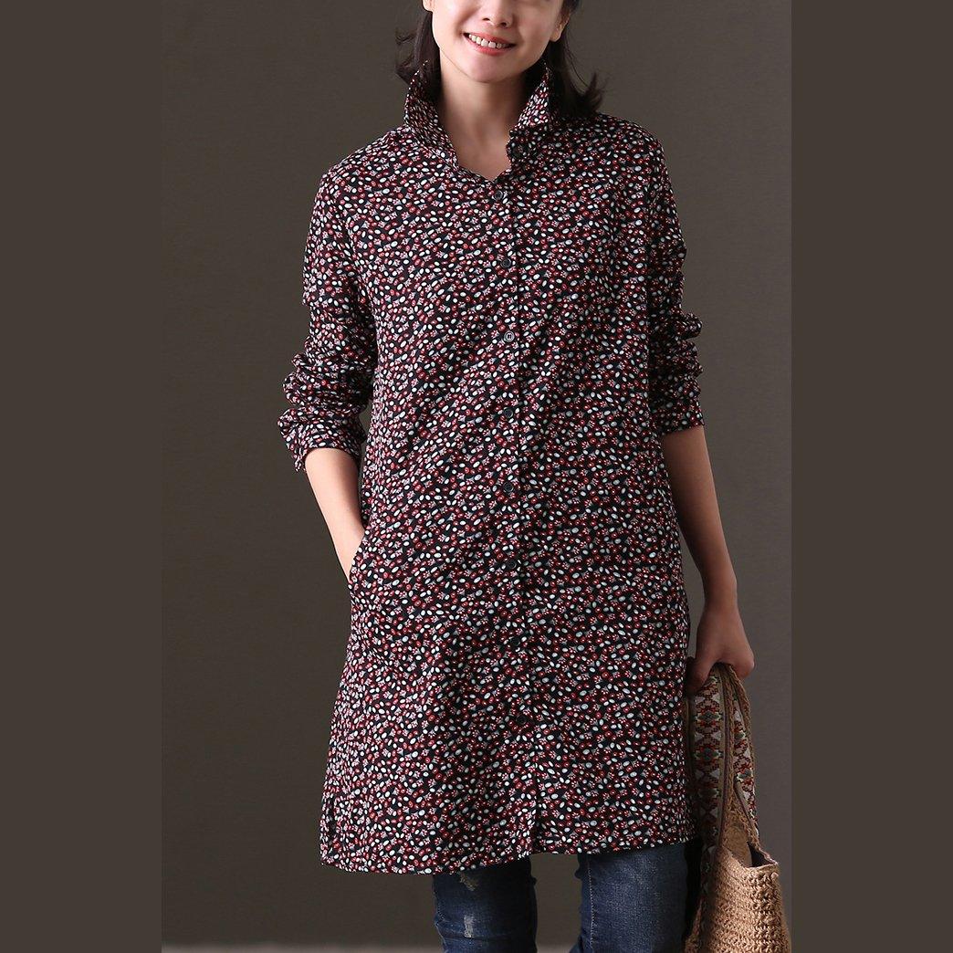 baggy black floral cotton blouse casual holiday tops vintage lapel collar long sleeve natural cotton shirt - Omychic