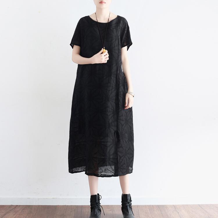 baggy black linen dresses casual embroidery cotton dress Fine short sleeve caftans - Omychic