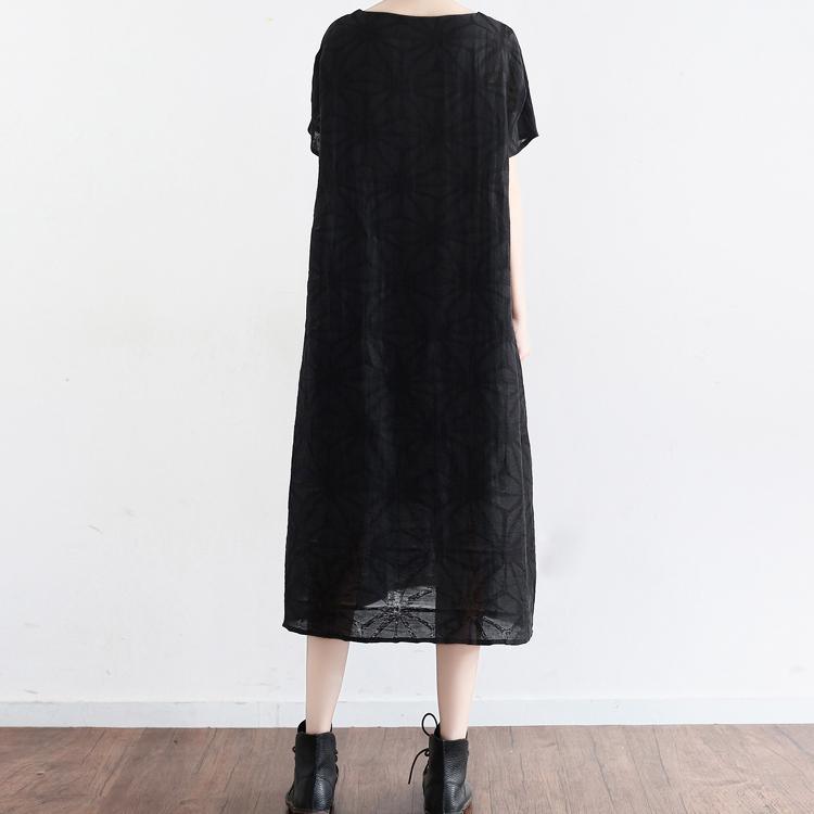 baggy black linen dresses casual embroidery cotton dress Fine short sleeve caftans - Omychic