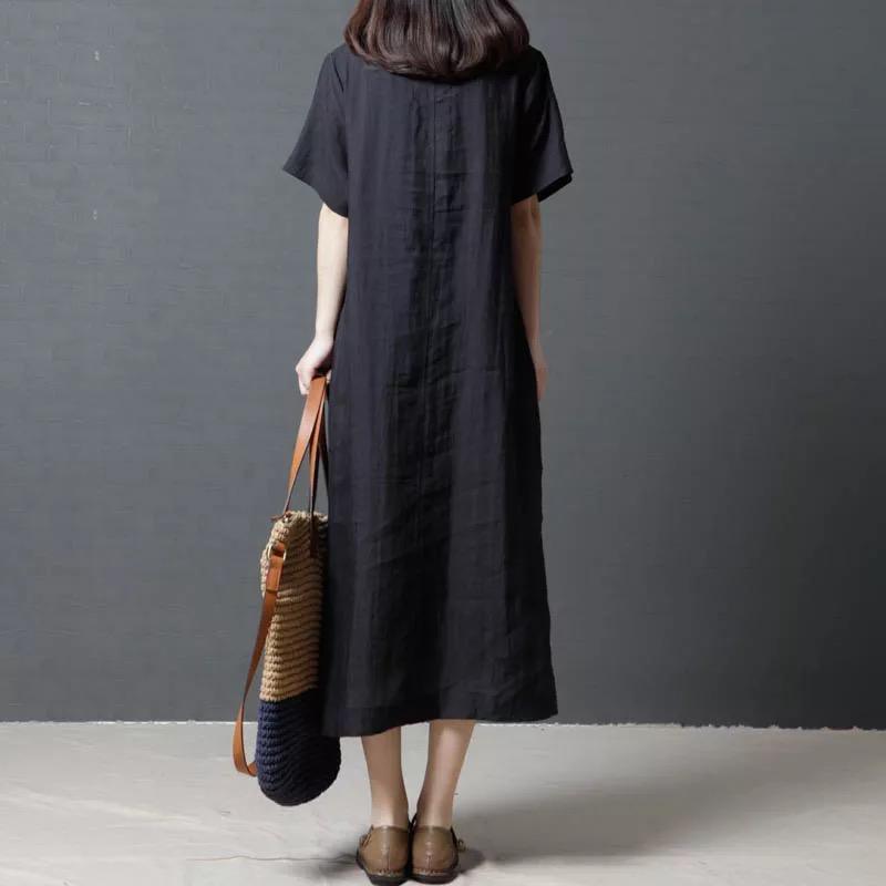 baggy black linen dresses plus size side open linen maxi dress New o neck kaftans - Omychic
