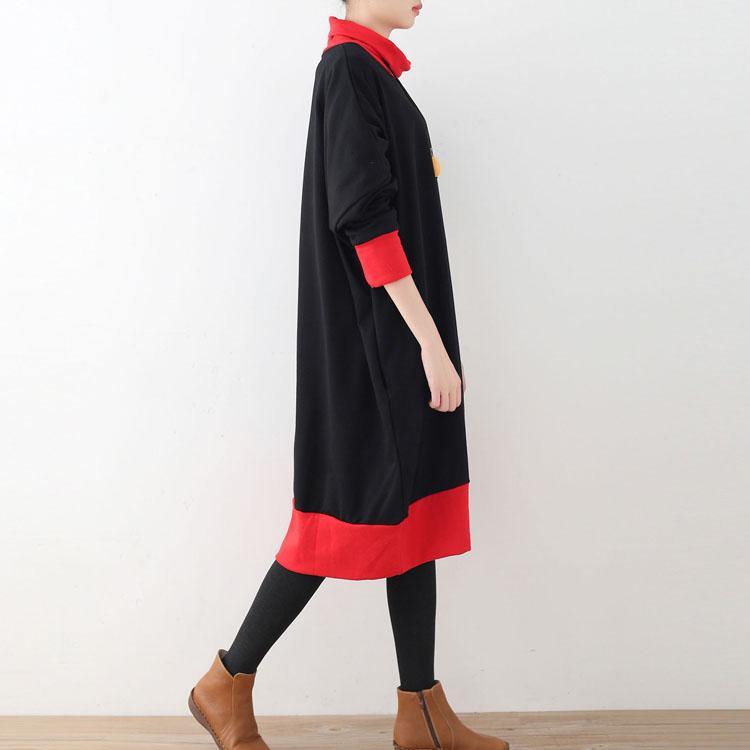 baggy black long linen dress plus size high neck long cotton dresses vintage patchwork dresses - Omychic